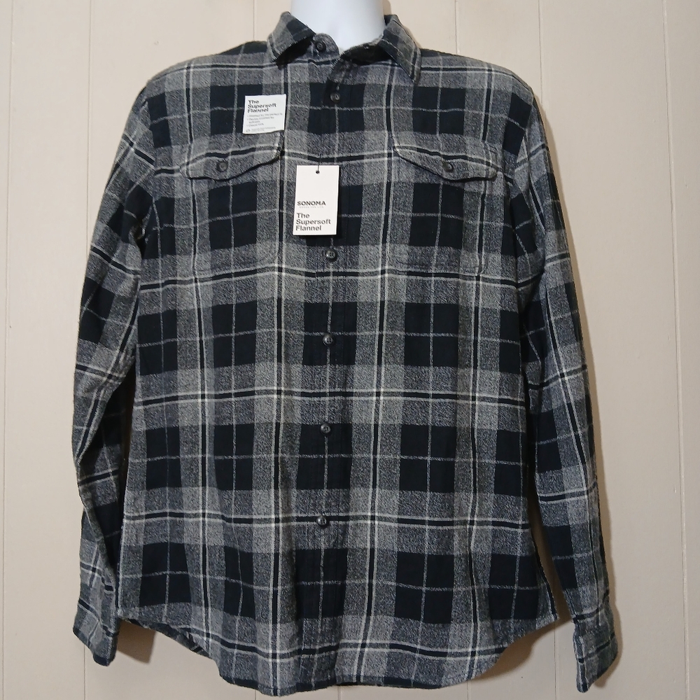 Sonoma Men Supersoft Flannel Shirt Double Brushed Plaid Blk Gray Work Casual 🆕️
